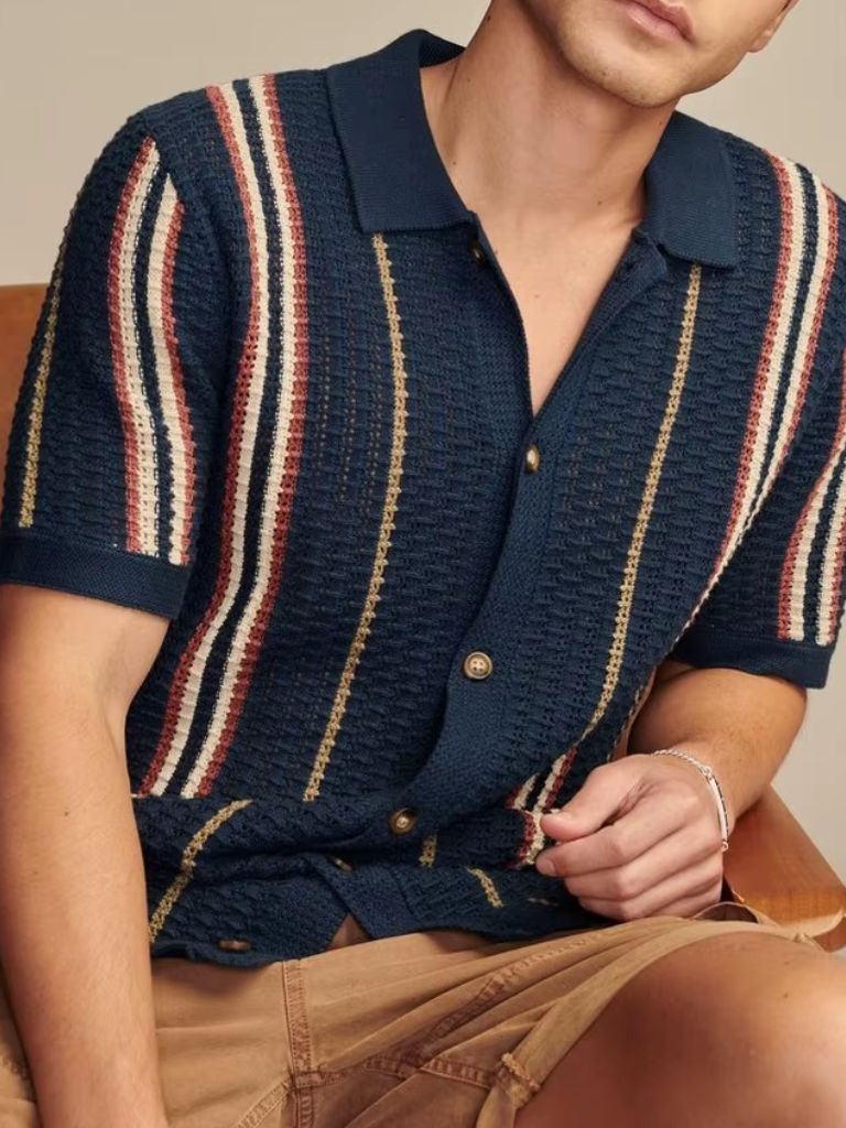 Sean - Cream Striped Knit Polo with Button Placket