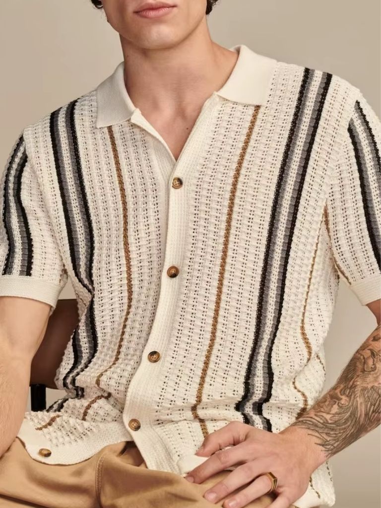 Sean - Cream Striped Knit Polo with Button Placket