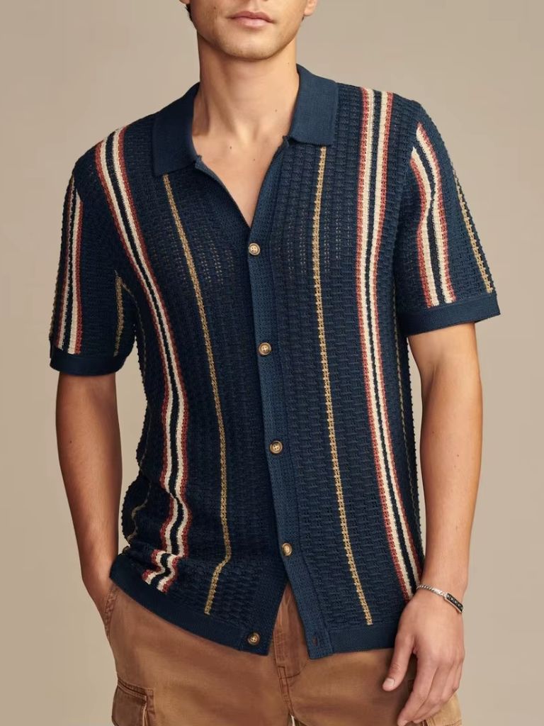 Sean - Cream Striped Knit Polo with Button Placket