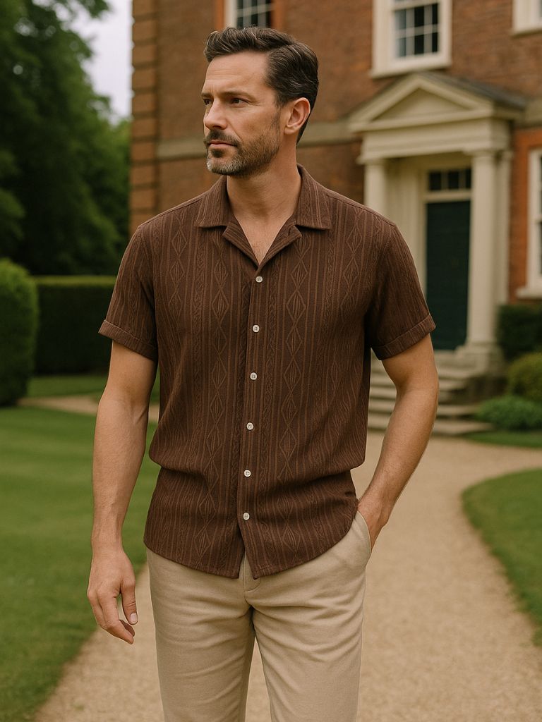 Wade - Brown Textured Shirt with Revere Collar