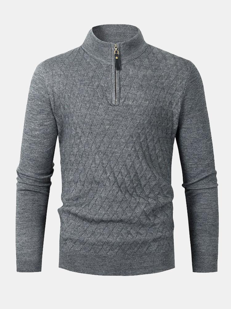 Silas - Checked Stand Collar Quarter-Zip Sweater