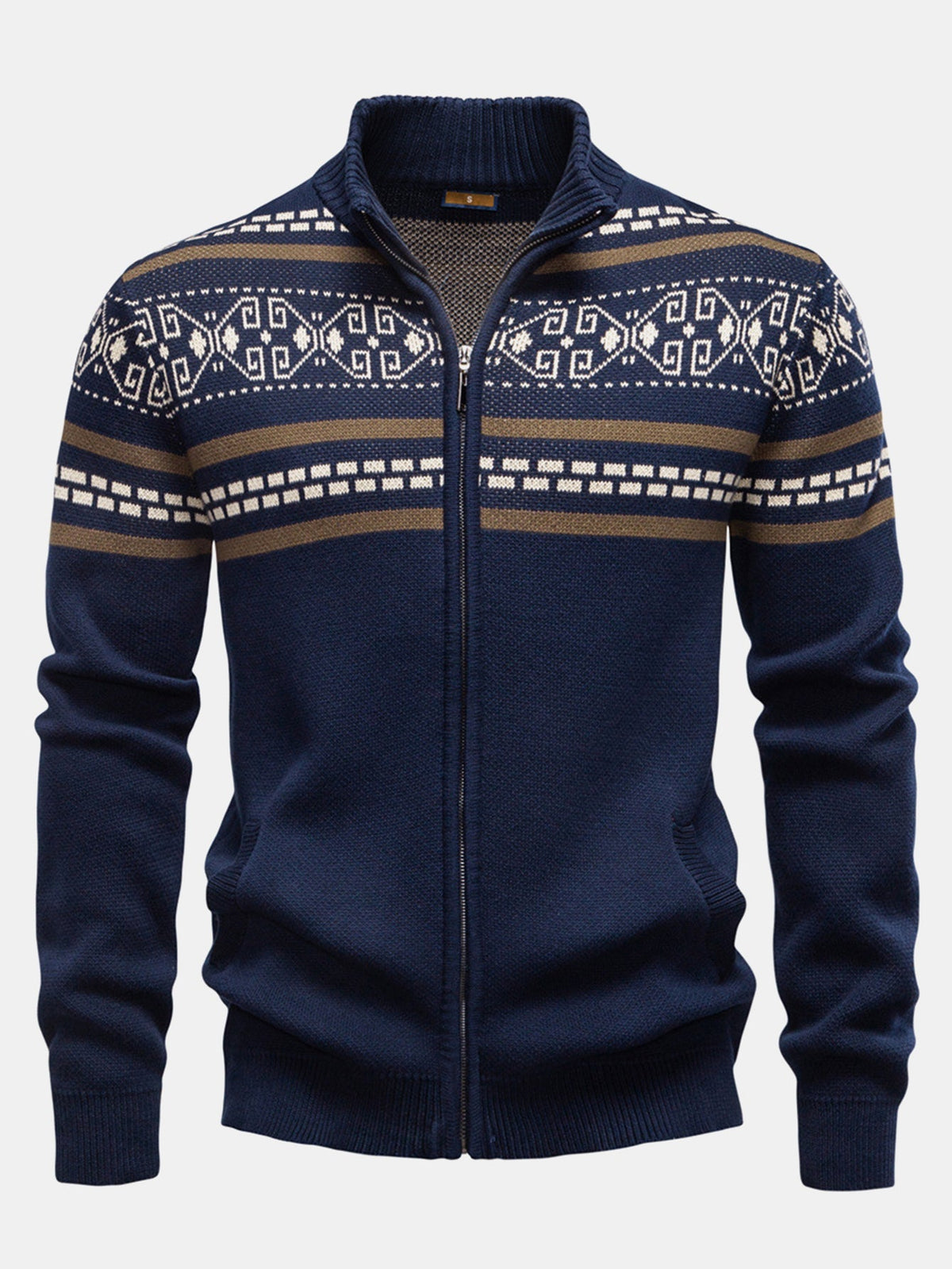 Callum - Geometric Jacquard Stand Collar Zip Sweater