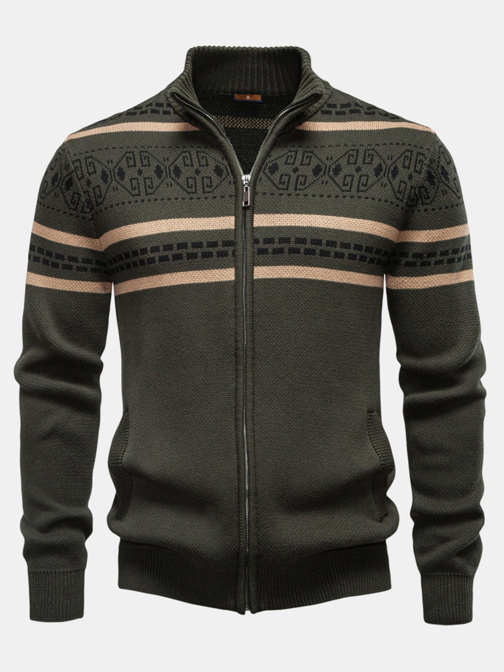 Callum - Geometric Jacquard Stand Collar Zip Sweater