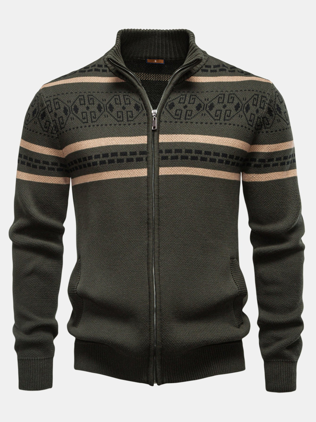 Callum - Geometric Jacquard Stand Collar Zip Sweater
