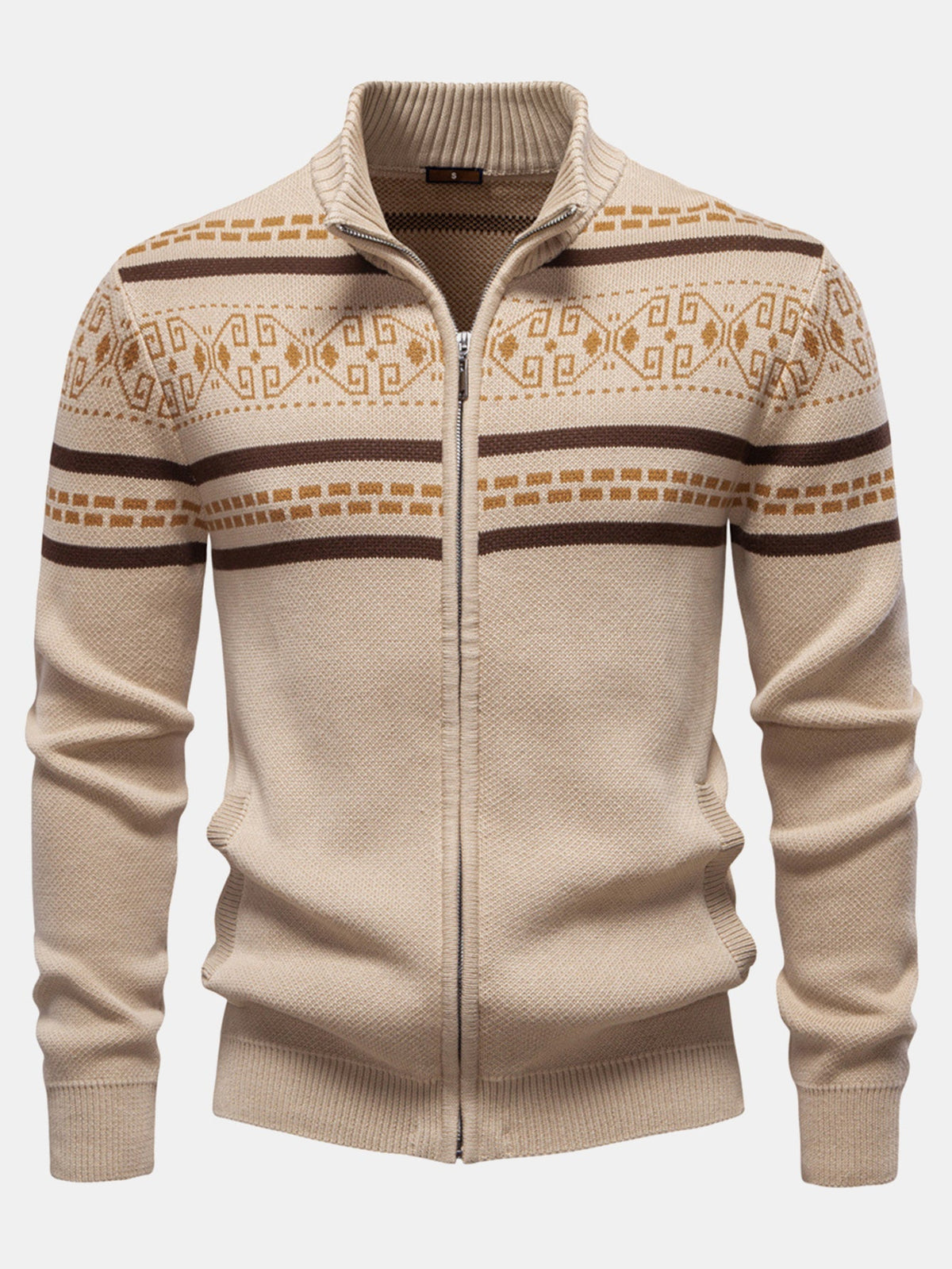 Callum - Geometric Jacquard Stand Collar Zip Sweater
