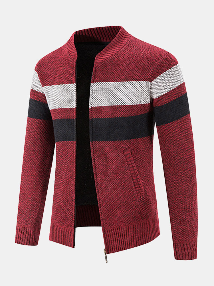 Silas - Striped Baseball Collar Zip Sweater with Teddy Lining