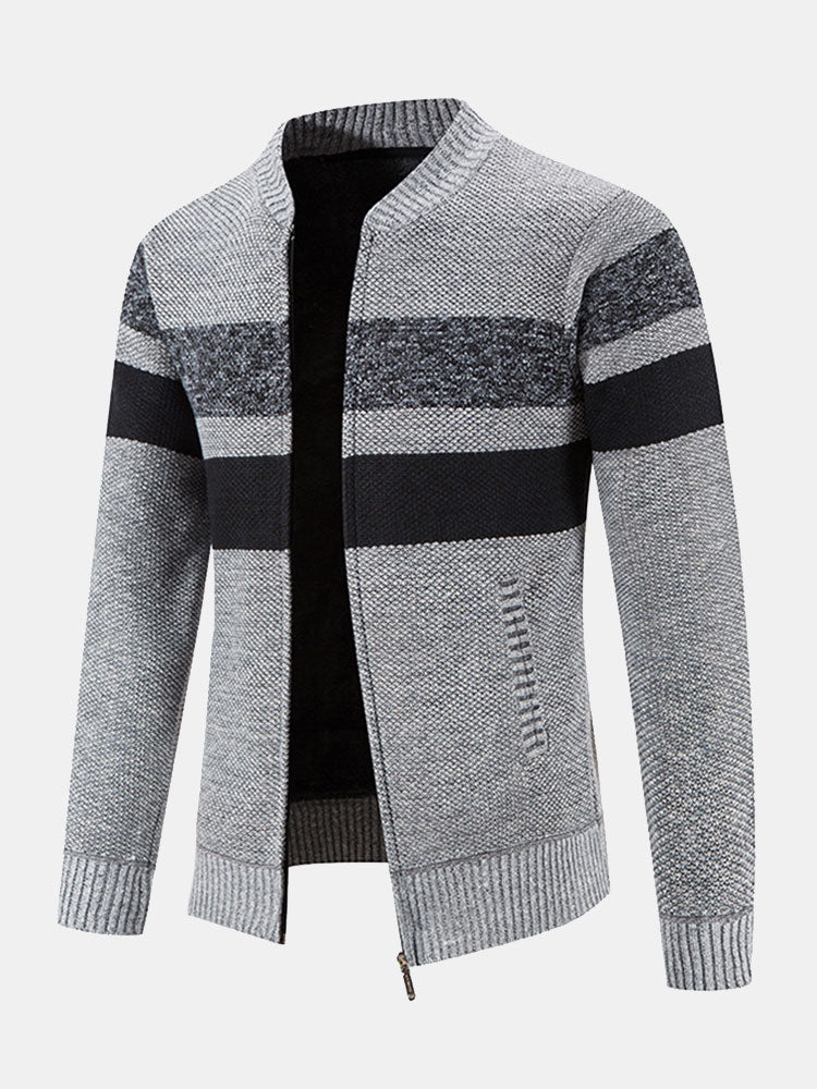 Silas - Striped Baseball Collar Zip Sweater with Teddy Lining