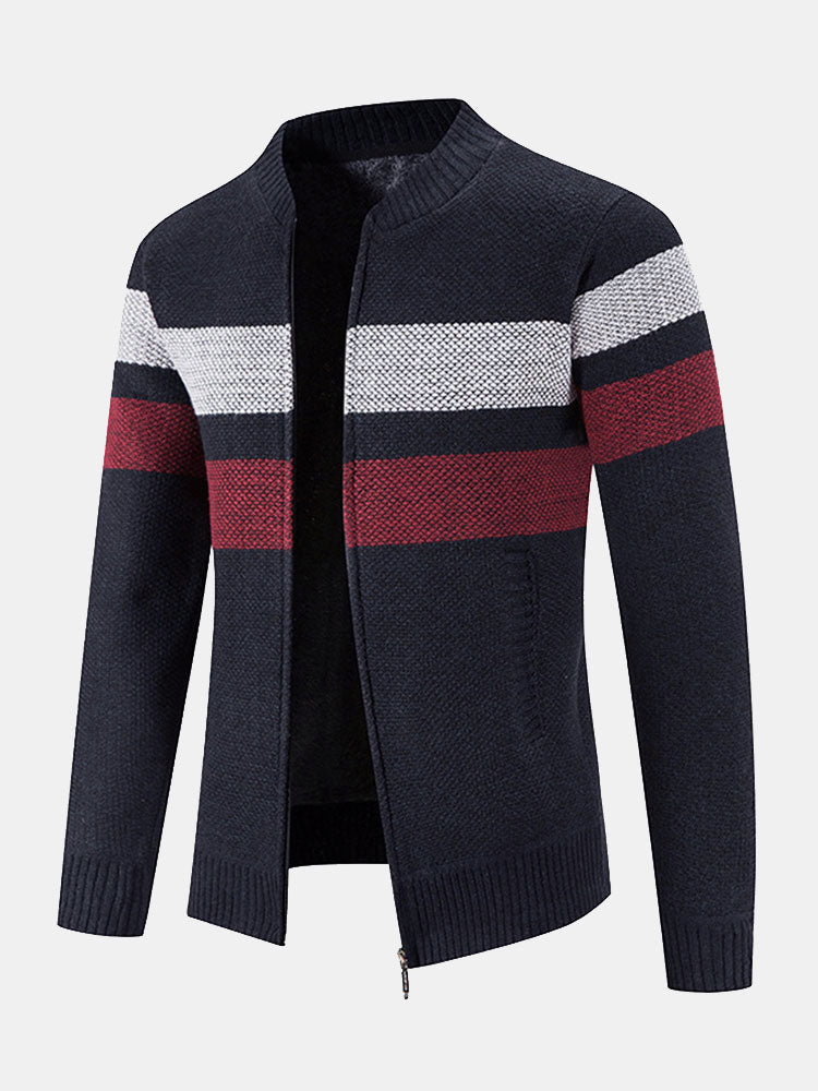 Silas - Striped Baseball Collar Zip Sweater with Teddy Lining