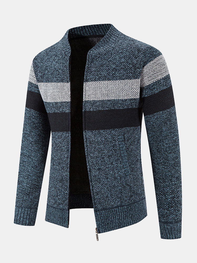 Silas - Striped Baseball Collar Zip Sweater with Teddy Lining