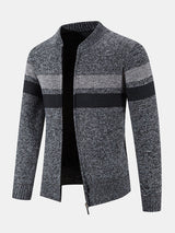 Silas - Striped Baseball Collar Zip Sweater with Teddy Lining