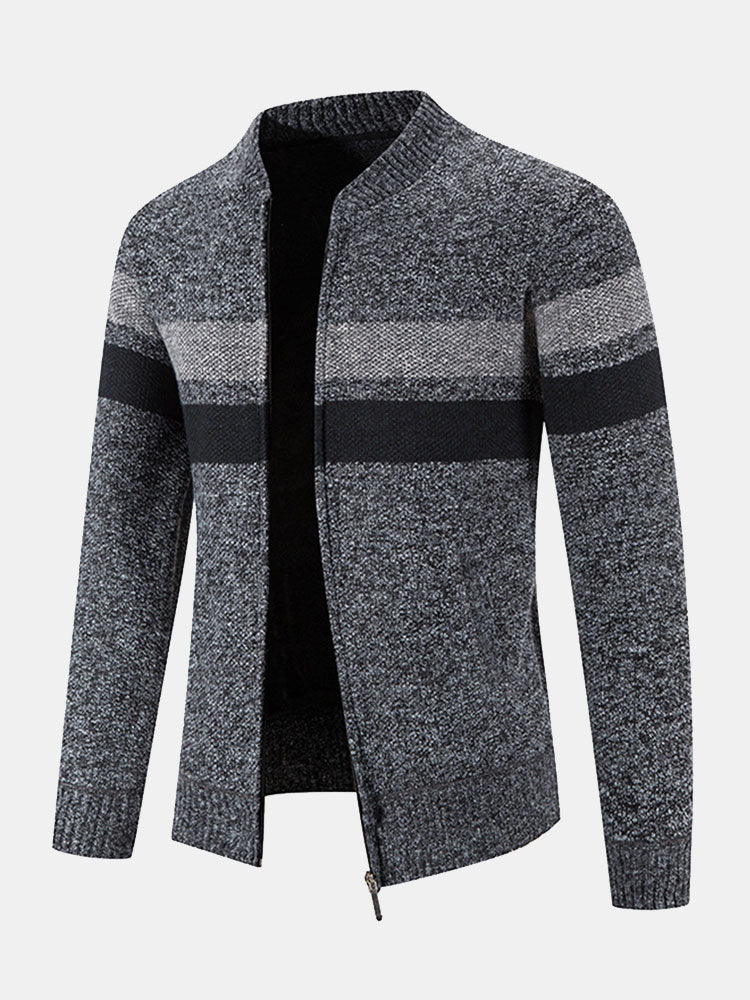 Silas - Striped Baseball Collar Zip Sweater with Teddy Lining