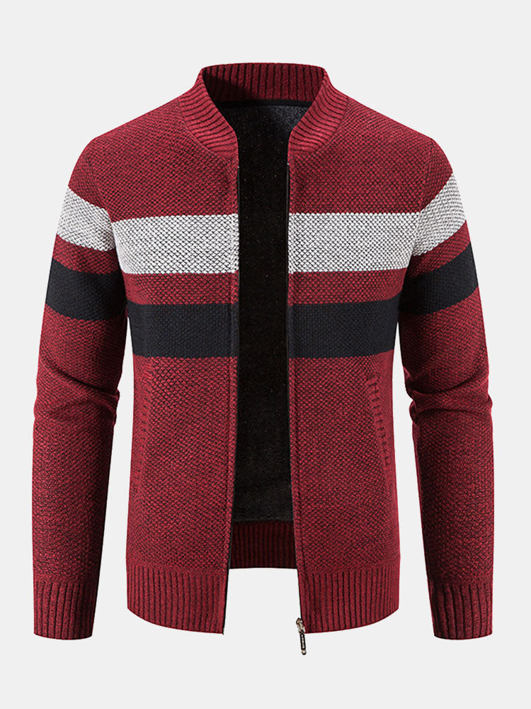 Silas - Striped Baseball Collar Zip Sweater with Teddy Lining