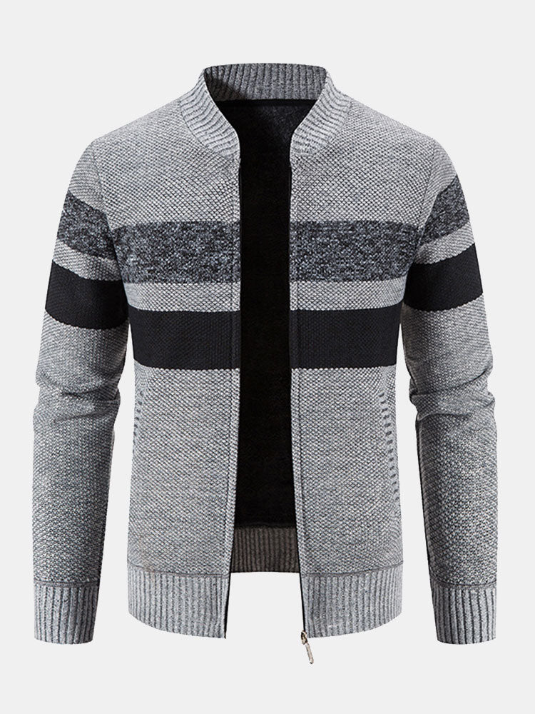 Silas - Striped Baseball Collar Zip Sweater with Teddy Lining