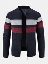 Silas - Striped Baseball Collar Zip Sweater with Teddy Lining