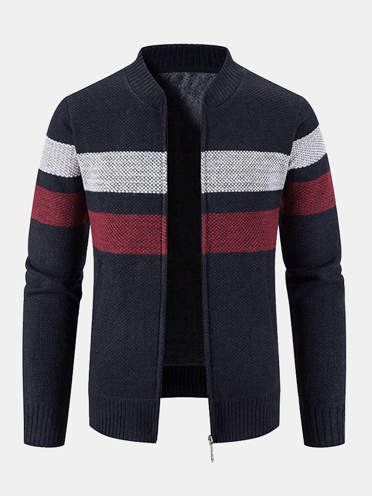 Silas - Striped Baseball Collar Zip Sweater with Teddy Lining