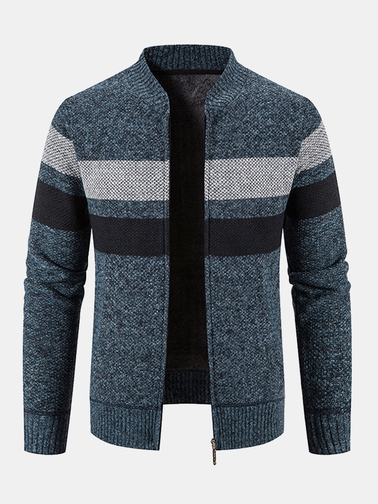 Silas - Striped Baseball Collar Zip Sweater with Teddy Lining