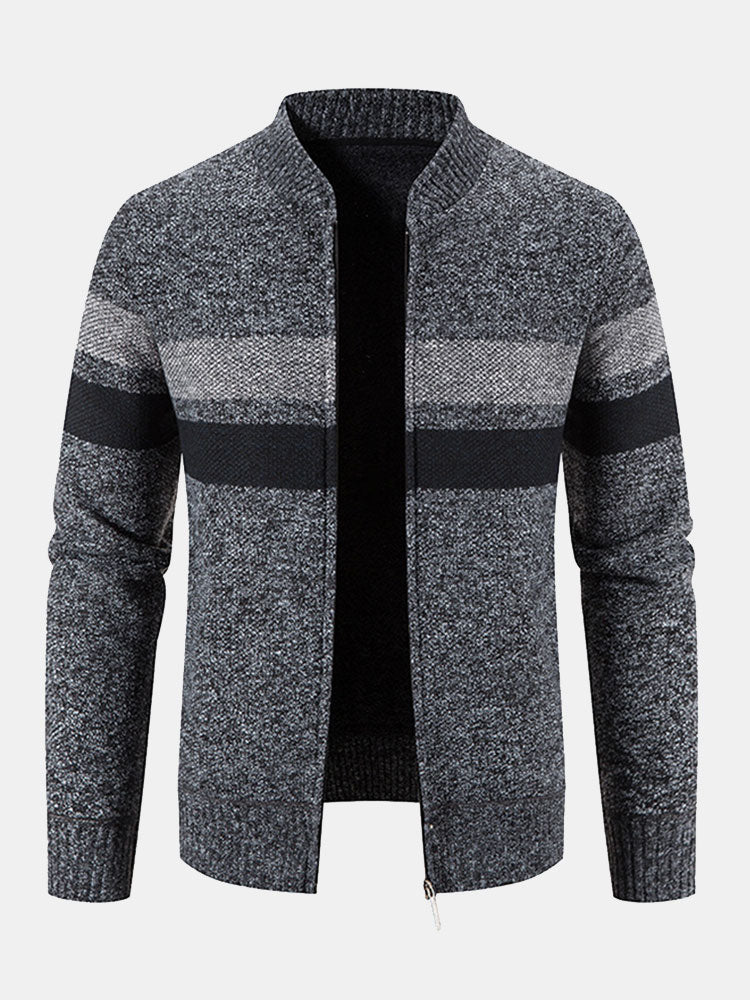 Silas - Striped Baseball Collar Zip Sweater with Teddy Lining