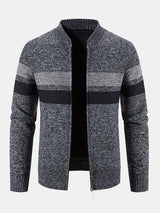 Silas - Striped Baseball Collar Zip Sweater with Teddy Lining