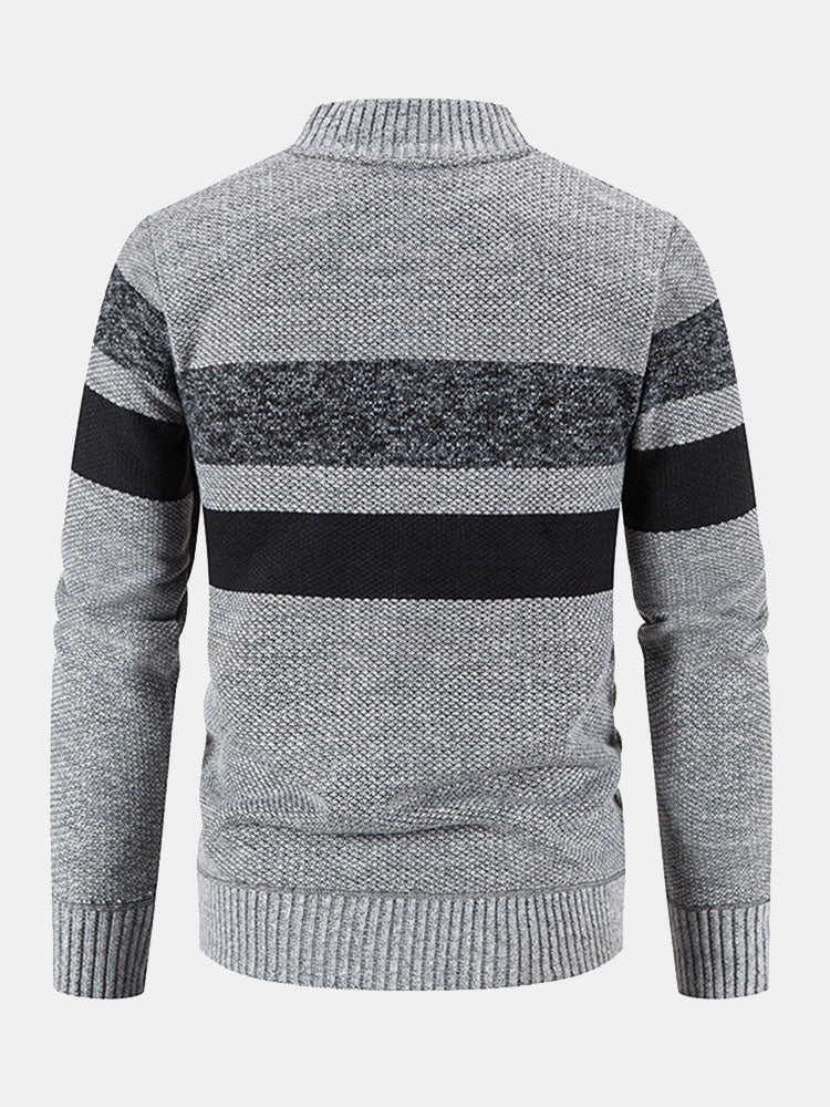 Silas - Striped Baseball Collar Zip Sweater with Teddy Lining