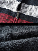 Silas - Striped Baseball Collar Zip Sweater with Teddy Lining