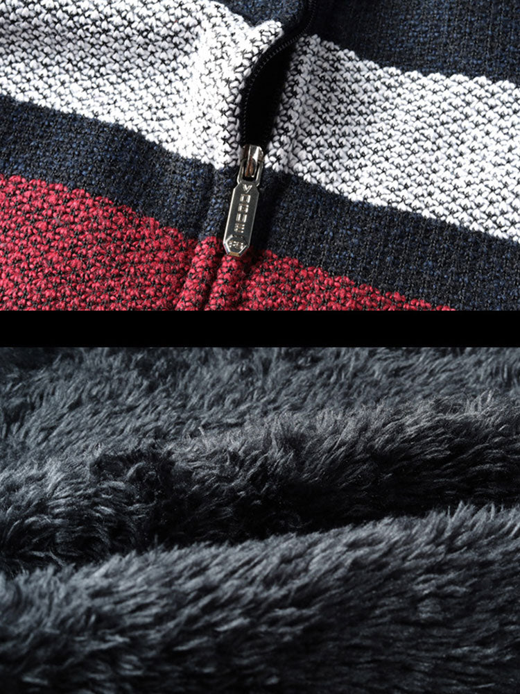 Silas - Striped Baseball Collar Zip Sweater with Teddy Lining