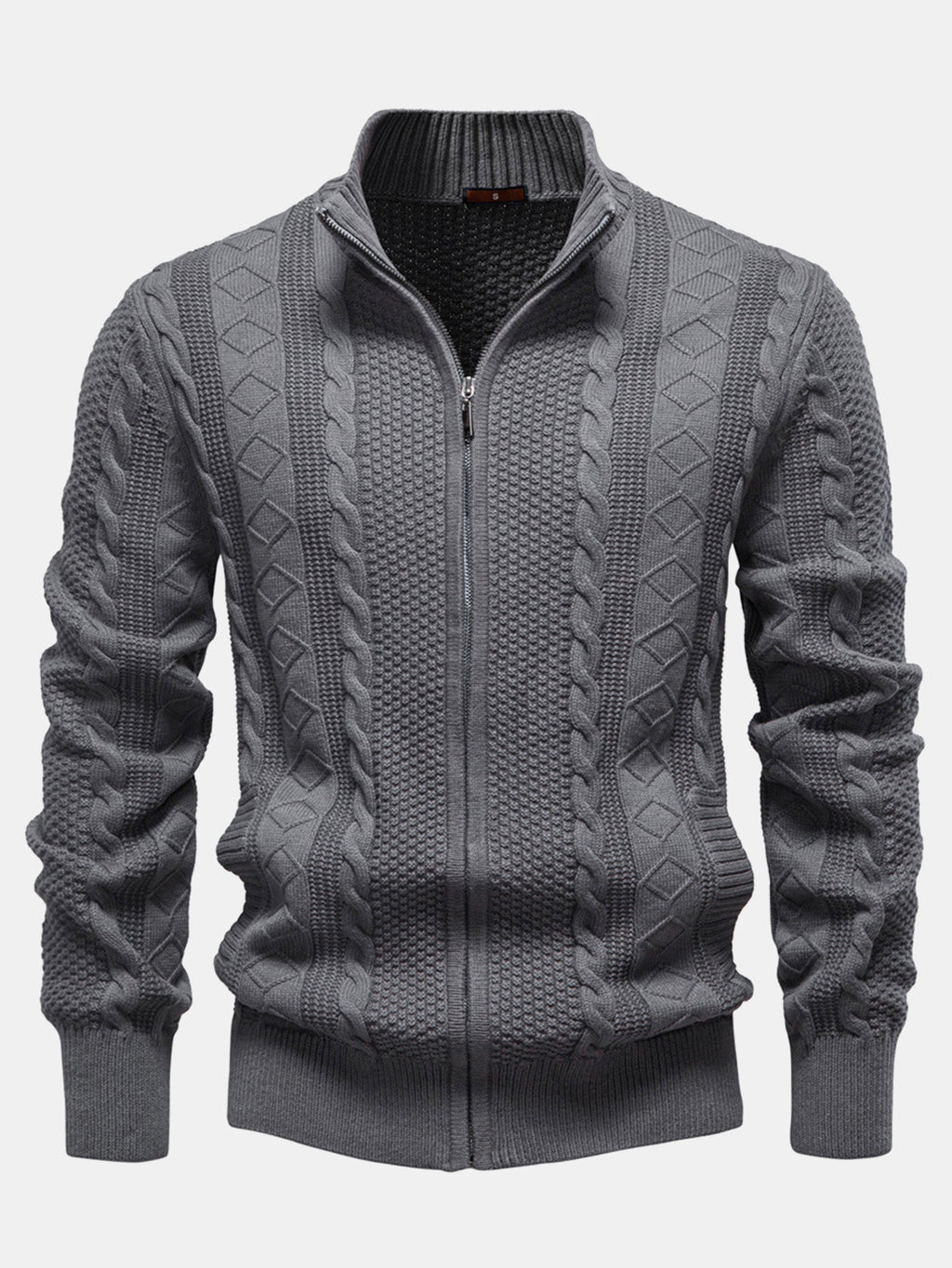 Duncan - Jacquard Cable Knit Stand Collar Zip Sweater