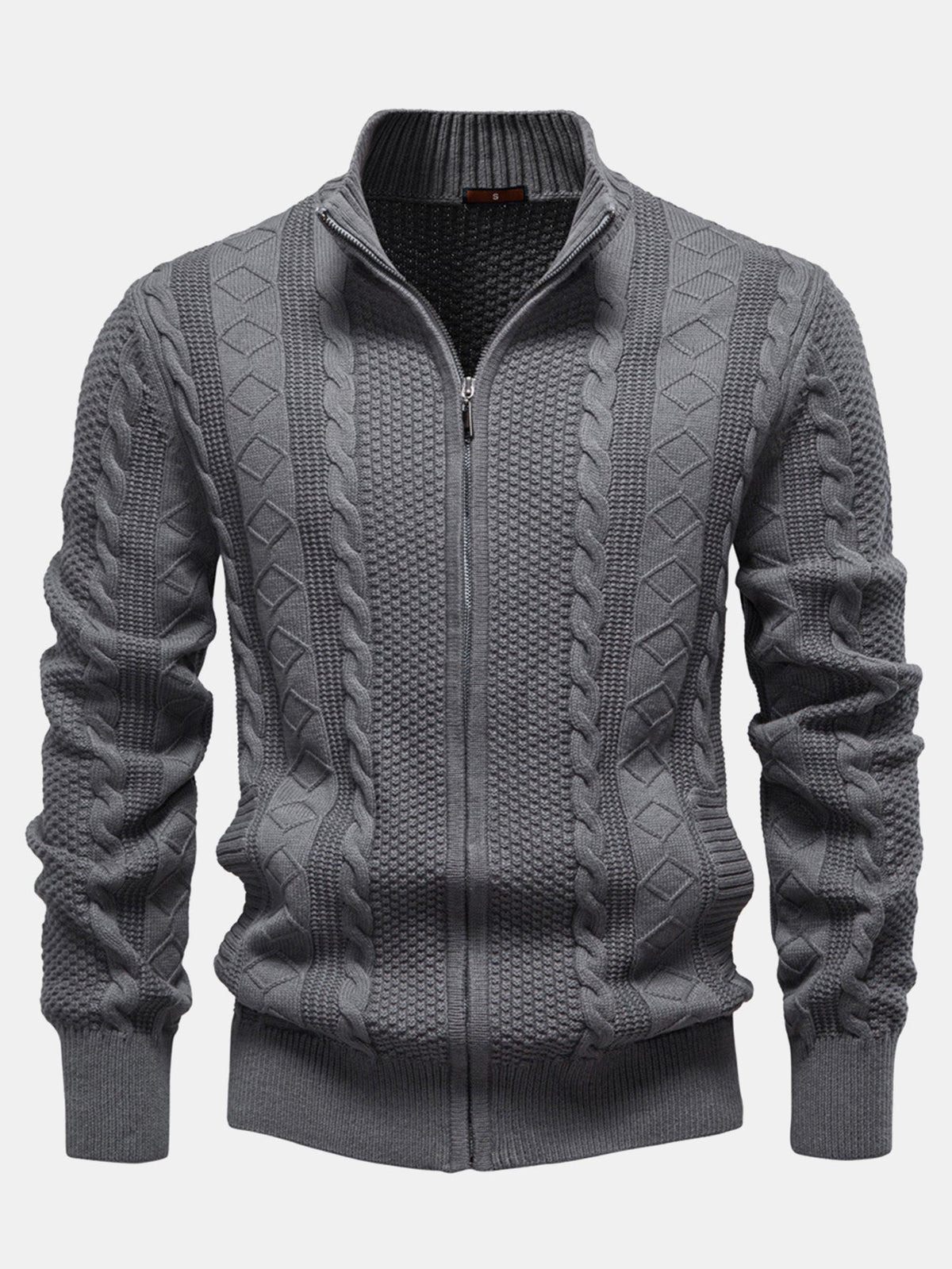 Duncan - Jacquard Cable Knit Stand Collar Zip Sweater