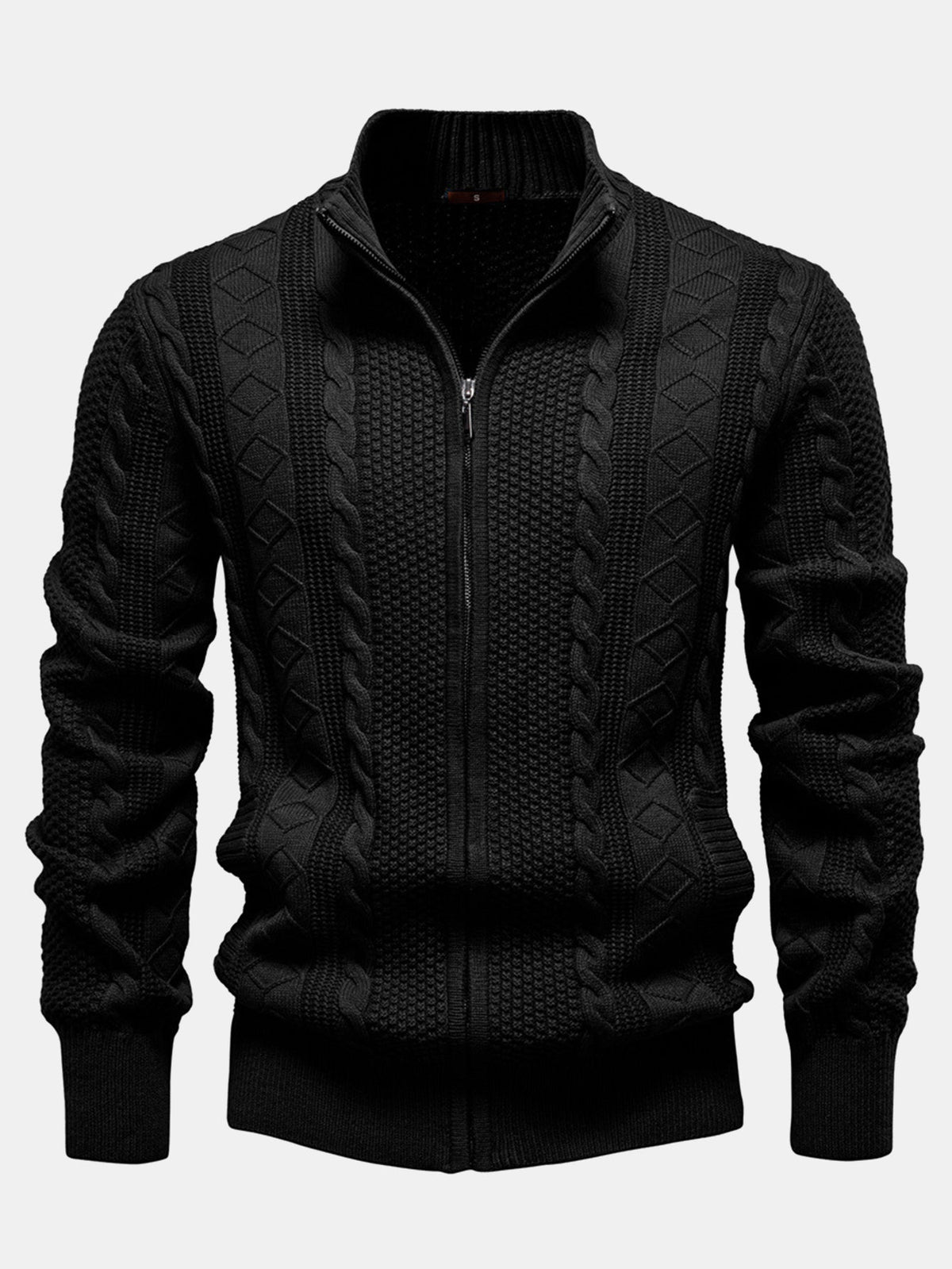 Duncan - Jacquard Cable Knit Stand Collar Zip Sweater