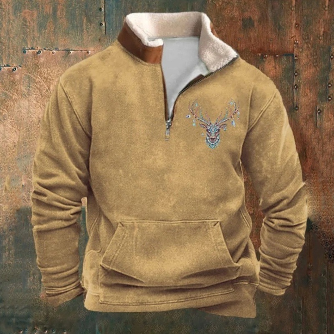 Barry - Olive Deer Motif Half-Zip Sweatshirt