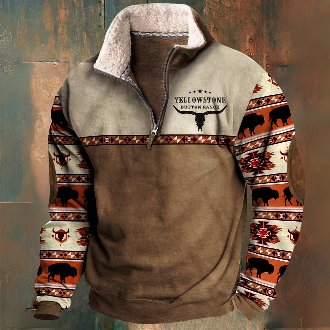 Steve - Brown Fleece Half-Zip Pullover with Patterned Sleeves