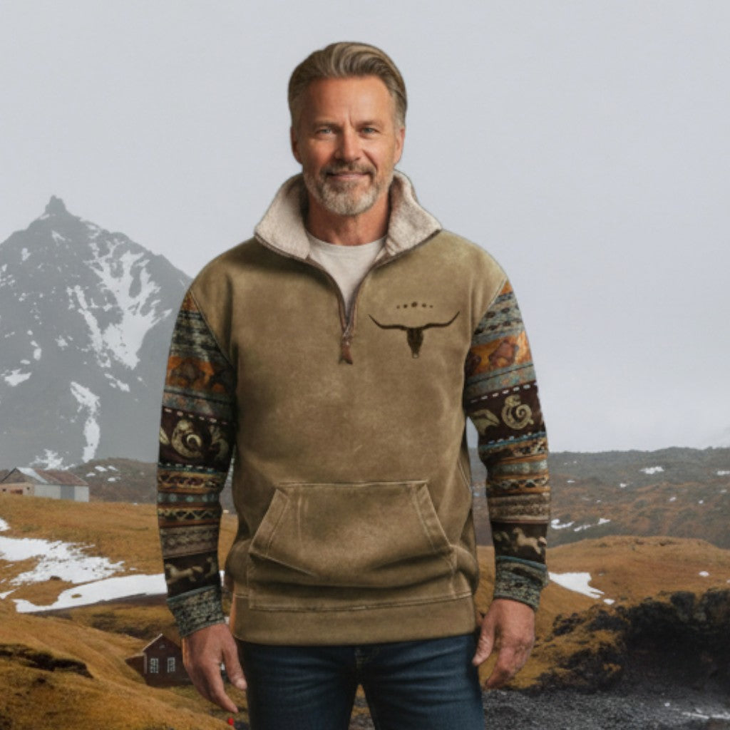 Dave - Brown Half-Zip Sweatshirt with Patterned Sleeves