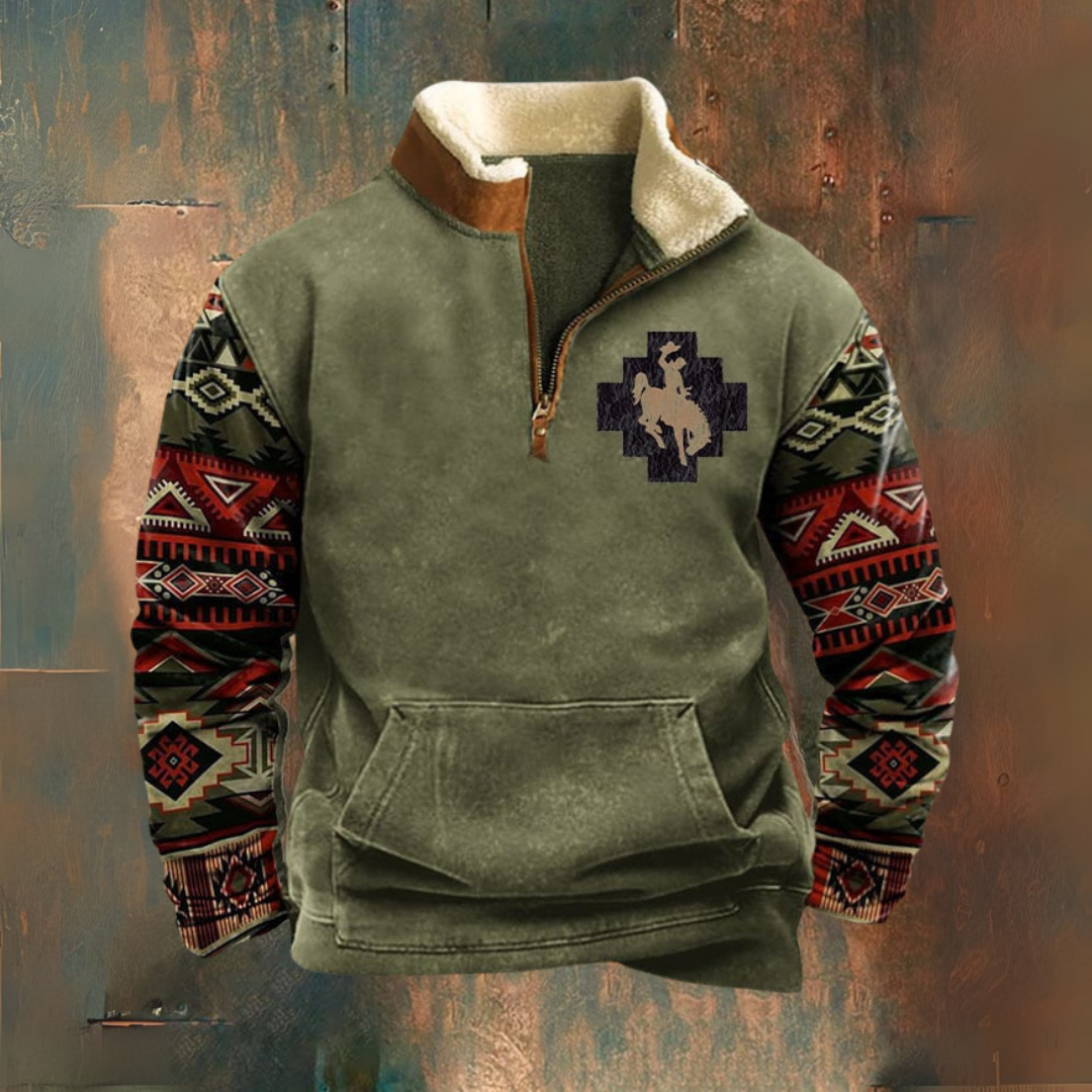 Jeff - Olive Half-Zip Sweatshirt with Patterned Sleeves