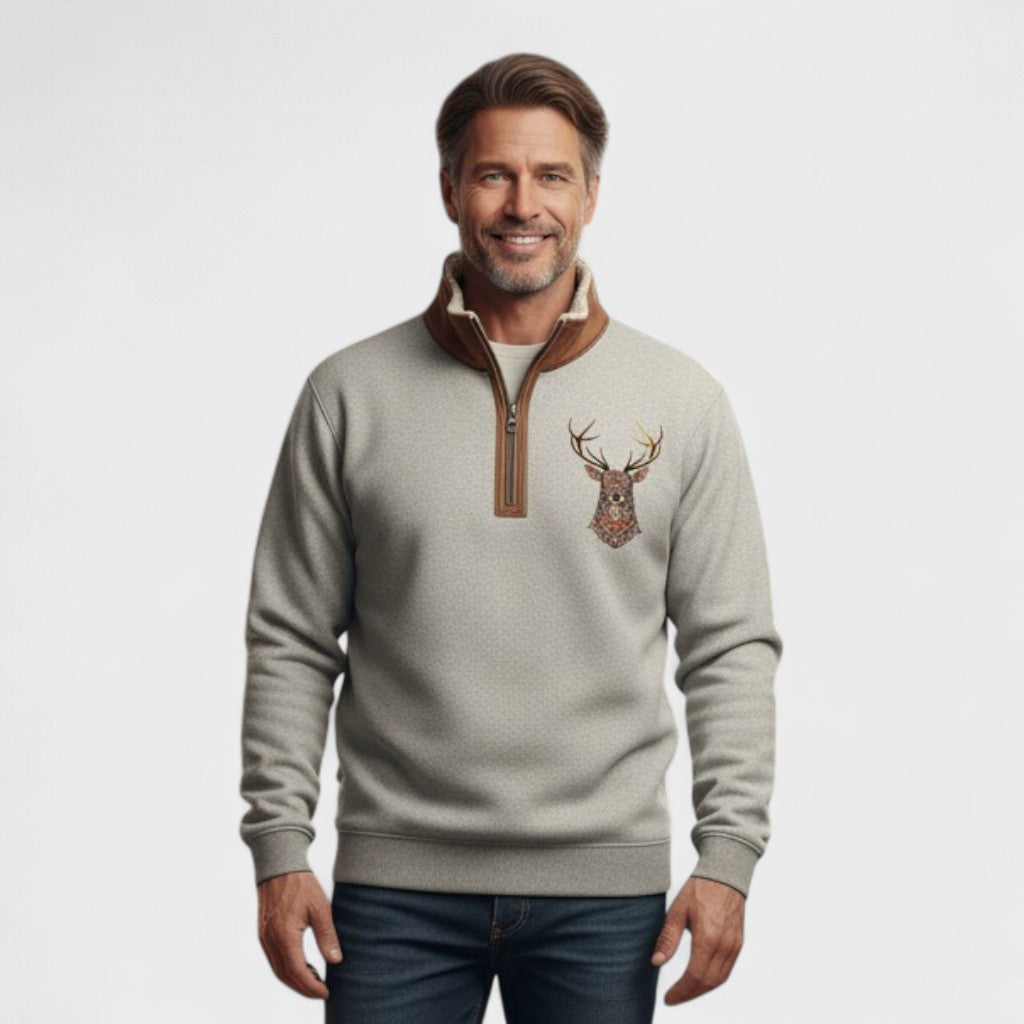 Chris - Brown Deer Motif Half-Zip Sweatshirt