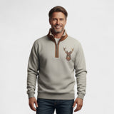 Chris - Brown Deer Motif Half-Zip Sweatshirt