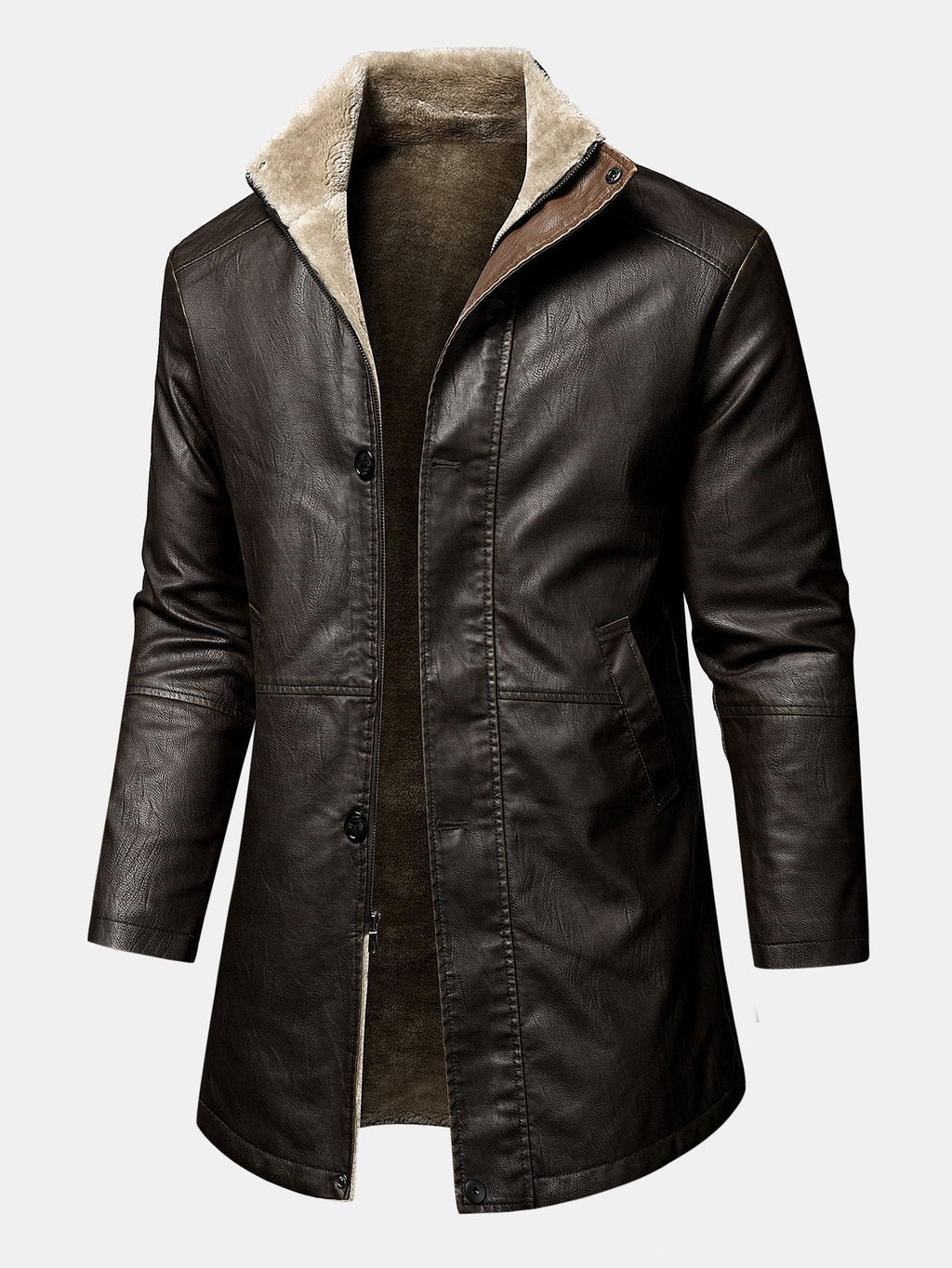 Stephane - Longline Faux Leather Overcoat with Faux Fur Lining