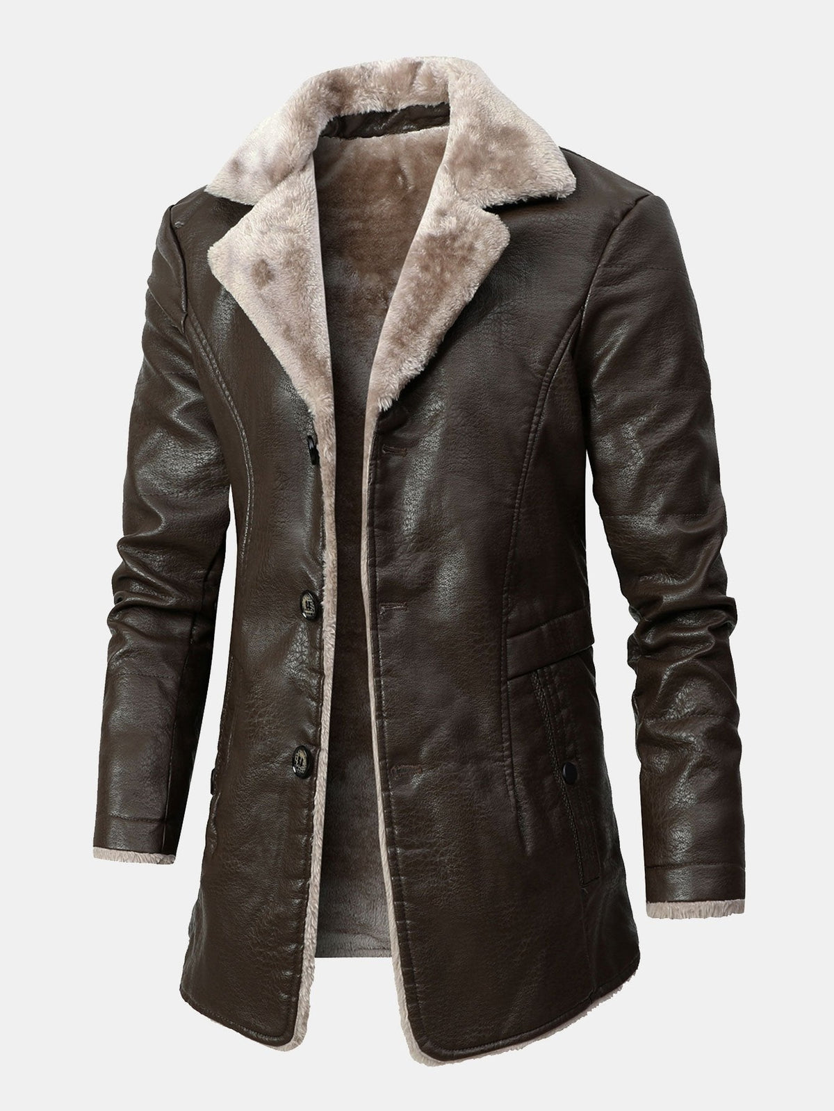 Clark - Longline Faux Leather Coat with Faux Fur Lining