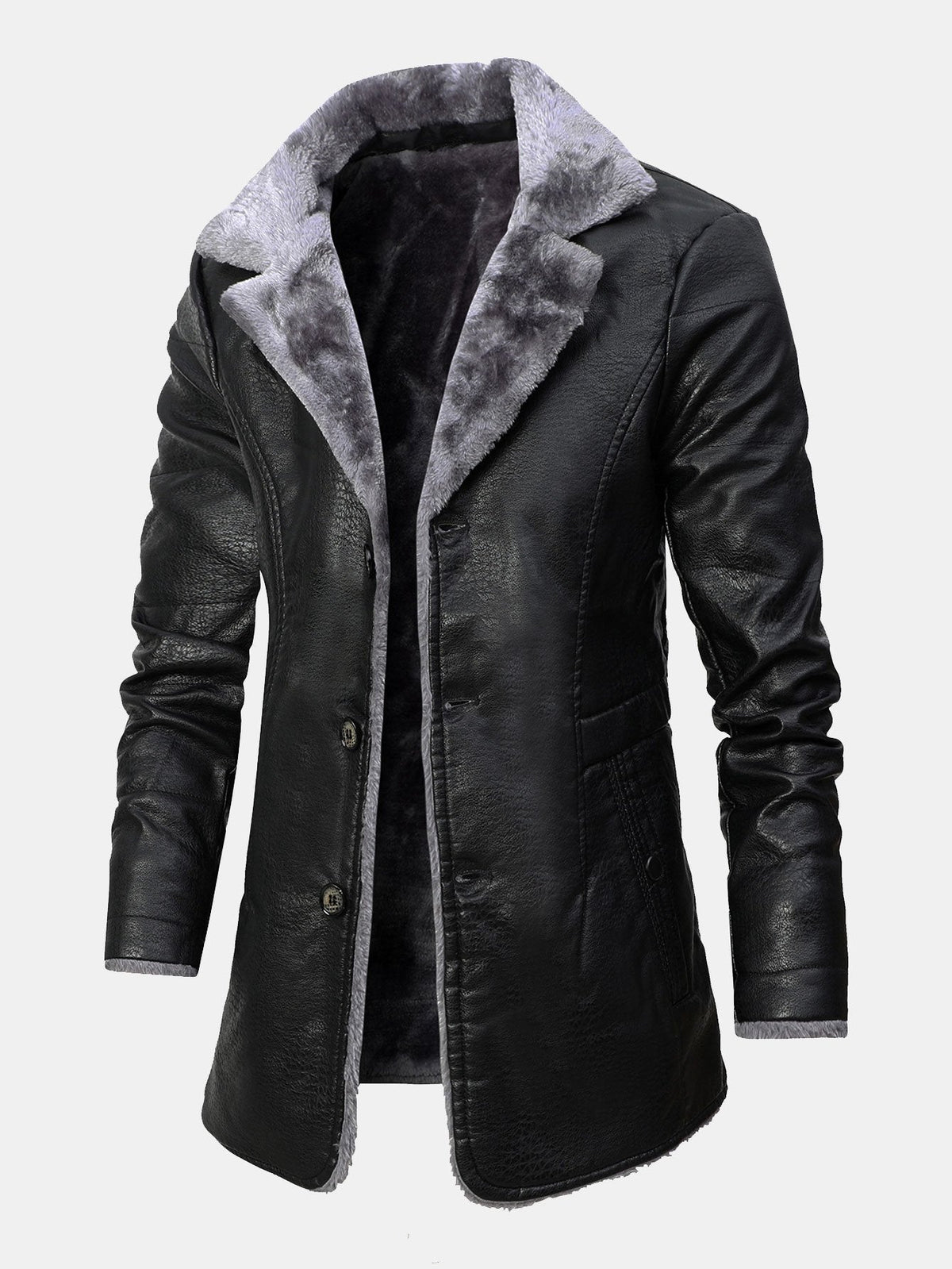 Clark - Longline Faux Leather Coat with Faux Fur Lining