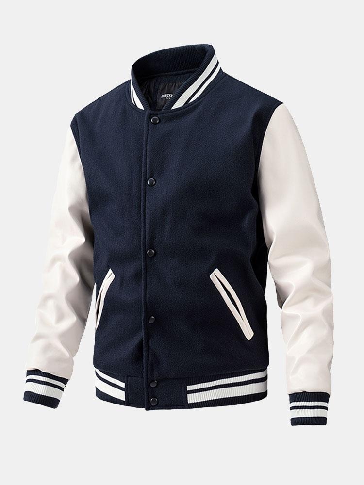 Leo - Wool-Look Baseball Jacket with Faux Leather Sleeves