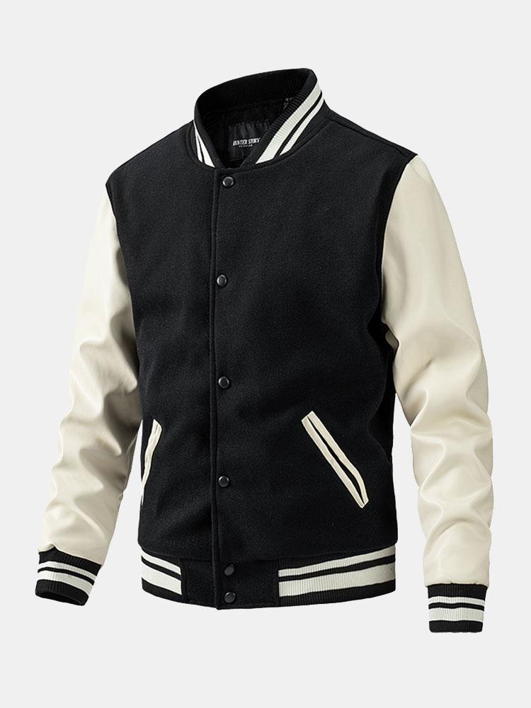 Leo - Wool-Look Baseball Jacket with Faux Leather Sleeves